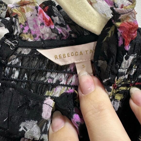 Rebecca Taylor Bouquet Silk Floral Smocked Mini Dress in Black | Size Small - Picture 9 of 10